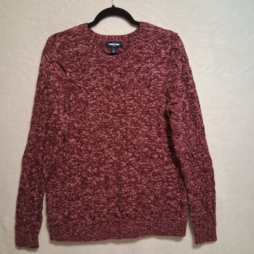 Lands End L Sweater Drifter Burgundy Pink Cotton Cable Knit Fisherman Preppy